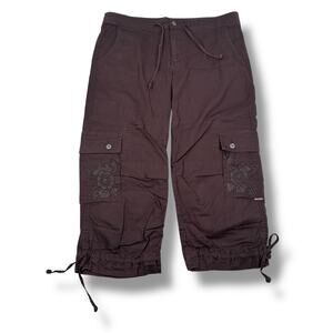 Prana Cargo Capri Pants Women's 10 Brown Embroidered Floral Drawstring Ankle Tie